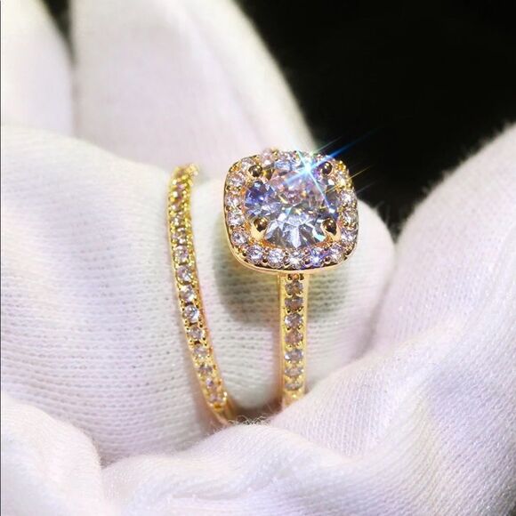 NEW! 18K Yellow Gold Plated Inlaid Diamond Half Circle Stacking Eternity Band - Picture 5 of 11